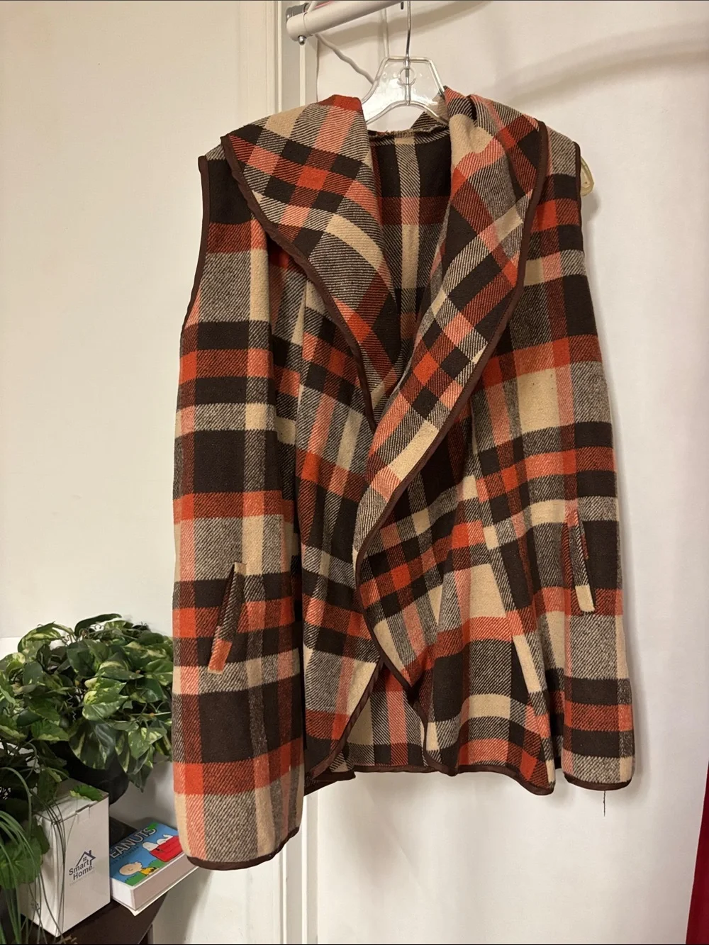 Plaid Hooded Sleeveless Vest in Brown, Orange & Cream,24” pit to pit